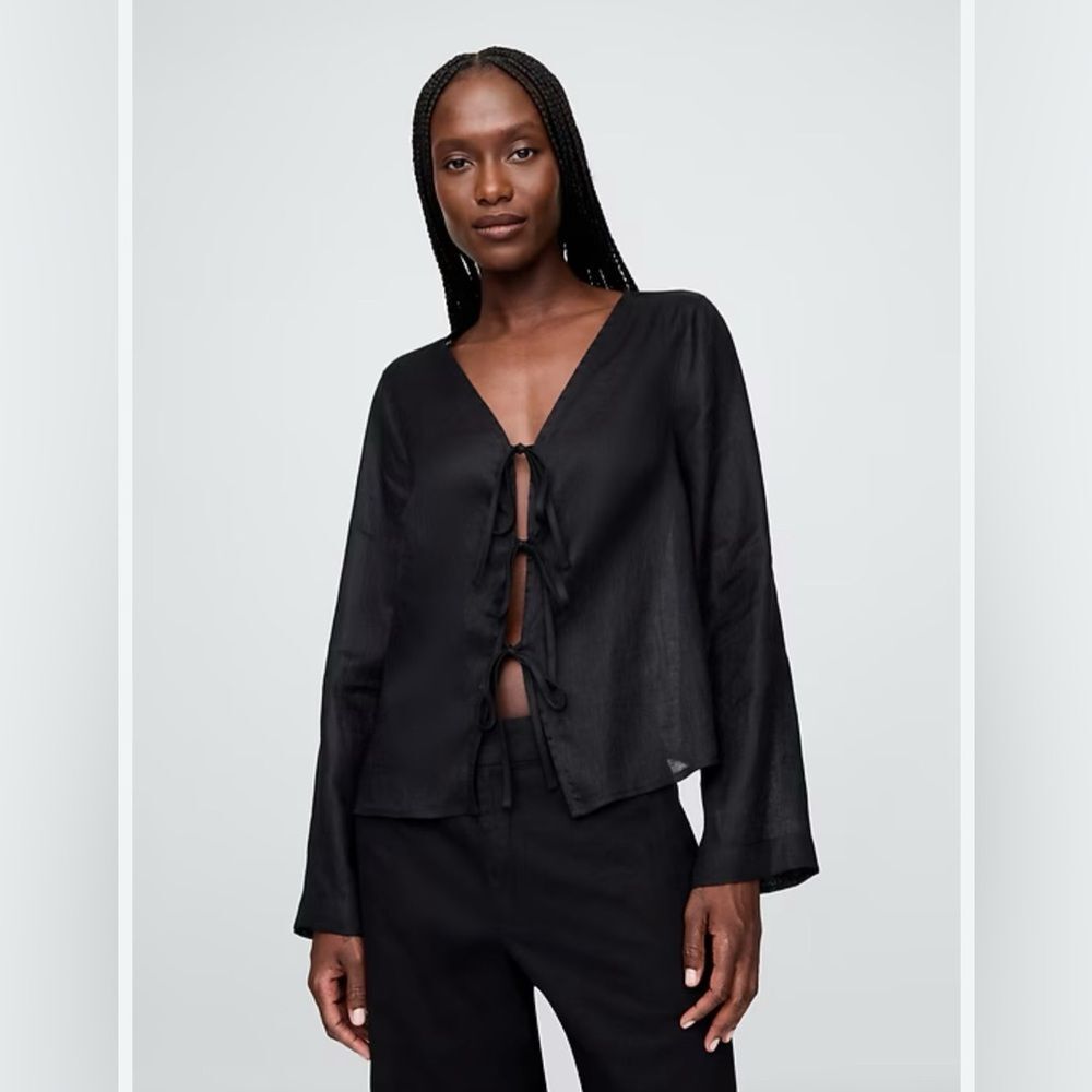 Gap Petite Black 100 Linen Tie Front Blouse Long Sleeve V Neck NWT Coastal